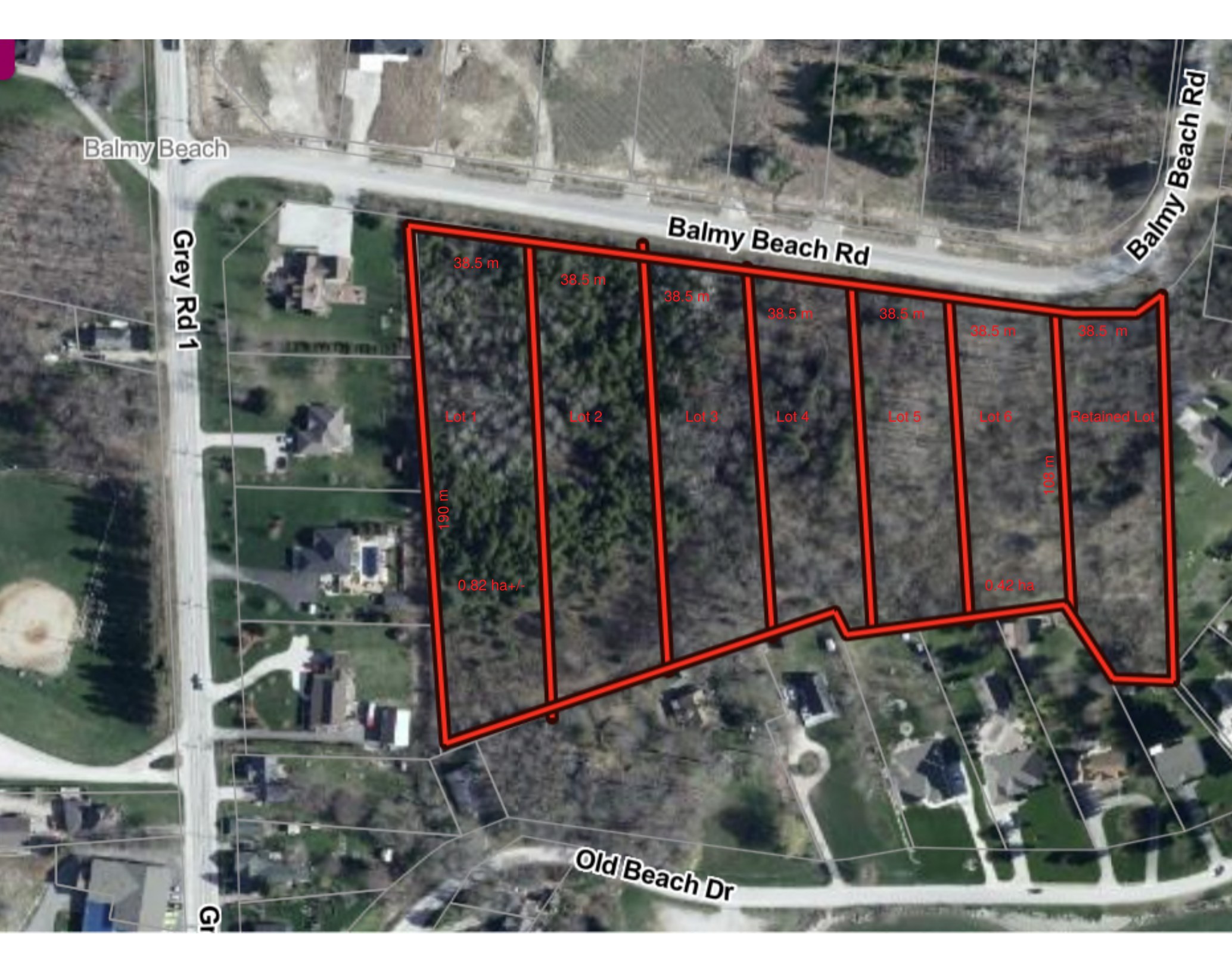 Aerial view of Balmy Shores Estates showing the seven lots labeled 1 through 6 plus the Retained Lot, each with 38.5 metres of frontage on Balmy Beach Road